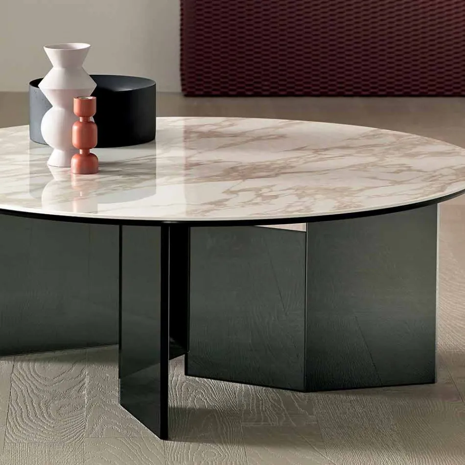 Table basse ronde avec plateau en céramique et pieds en verre fumé - Random Viadurini