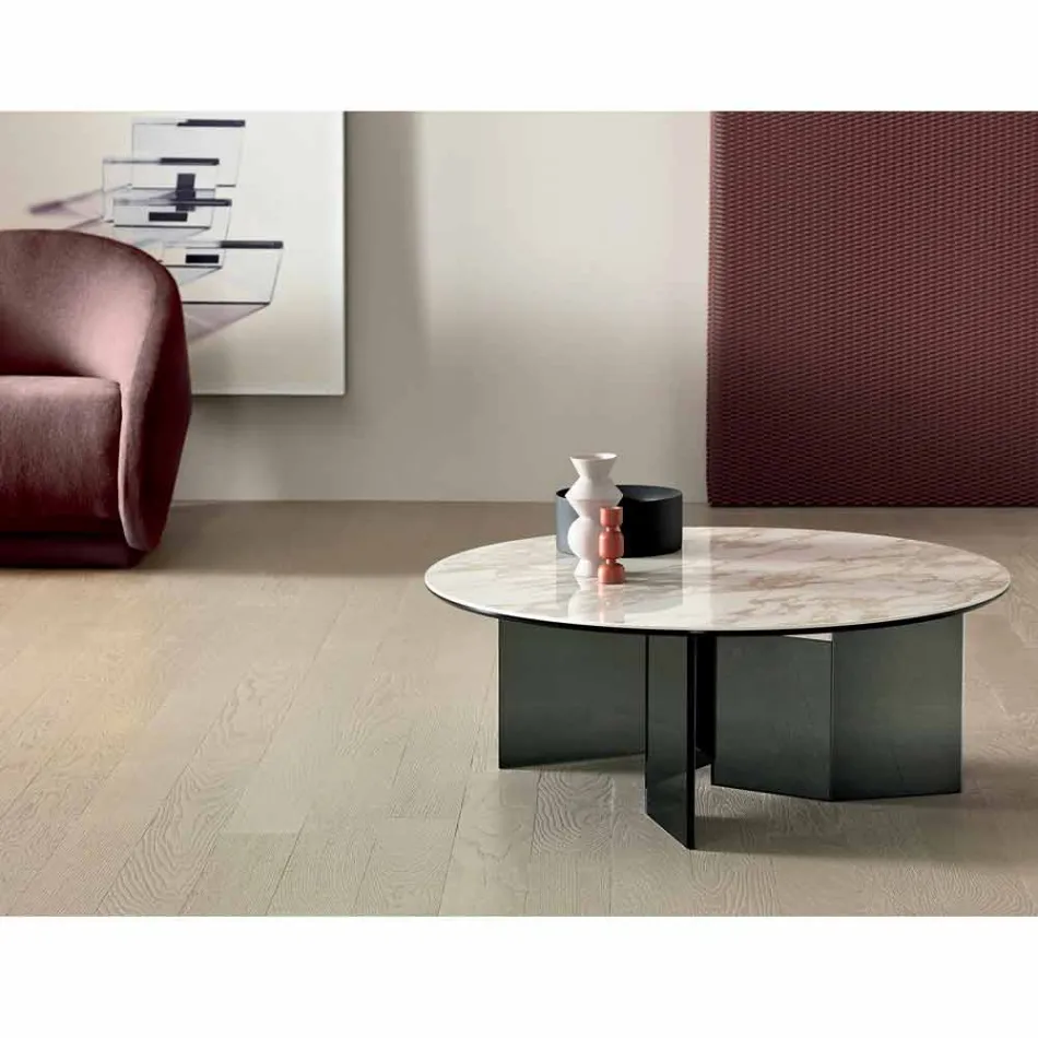 Table basse ronde avec plateau en céramique et pieds en verre fumé - Random Viadurini