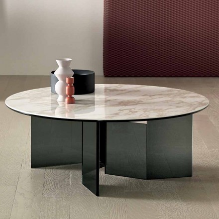 Table basse ronde avec plateau en céramique et pieds en verre fumé - Random Viadurini