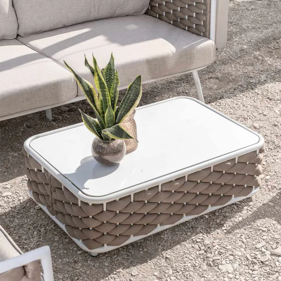Table basse d'extérieur en aluminium et tissu tissé à la main - Reda Viadurini