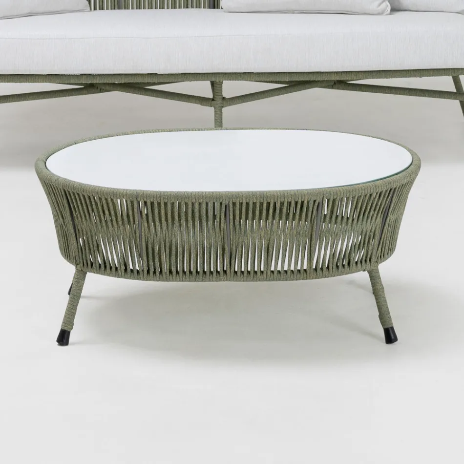 Table basse de jardin en aluminium et corde tressée et verre - Asteria Viadurini