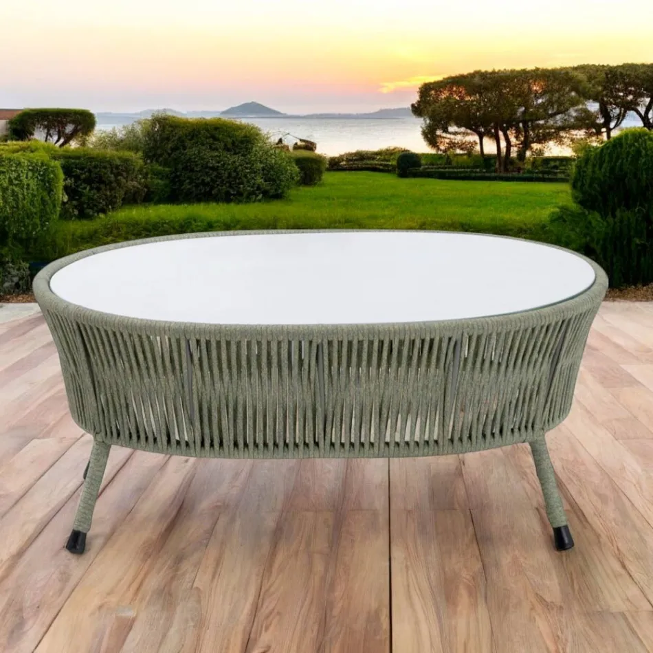 Table basse de jardin en aluminium et corde tressée et verre - Asteria Viadurini