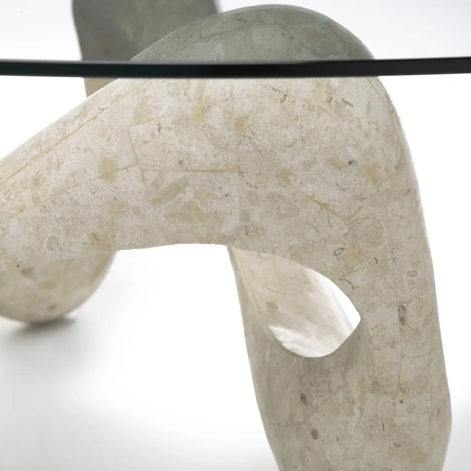 Table basse avec plateau en verre et base en pierre fossile - Californie Viadurini