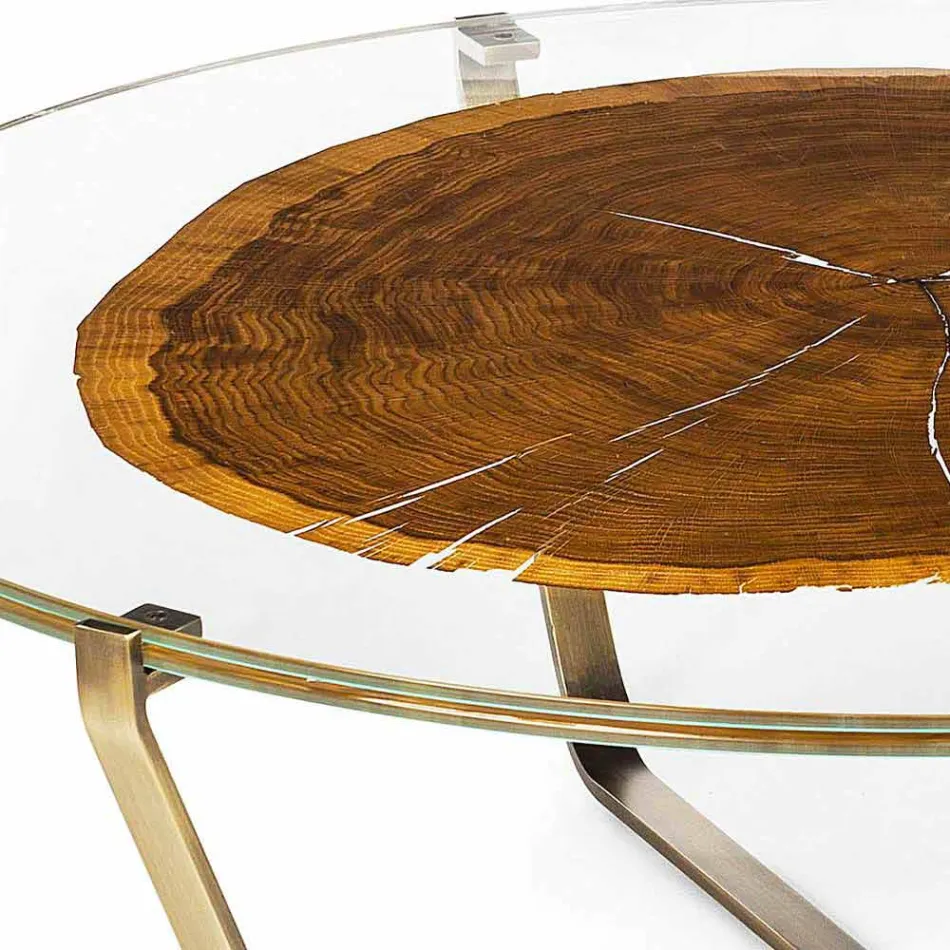 Table basse avec plateau rond en verre et bois Made in Italy - Baviera Viadurini