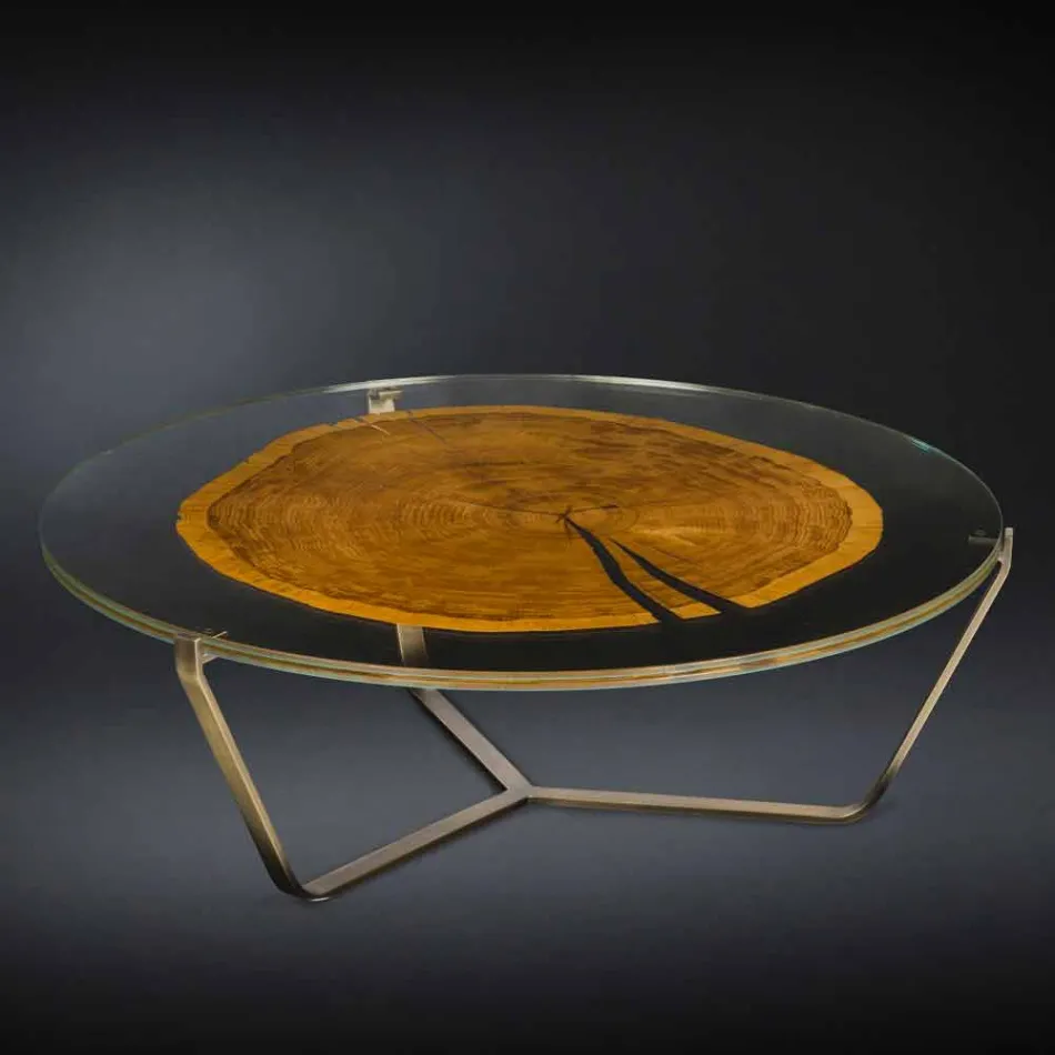 Table basse avec plateau rond en verre et bois Made in Italy - Baviera Viadurini