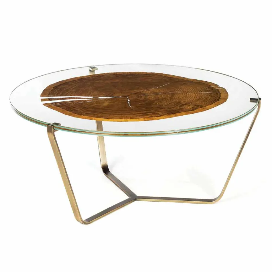 Table basse avec plateau rond en verre et bois Made in Italy - Baviera Viadurini