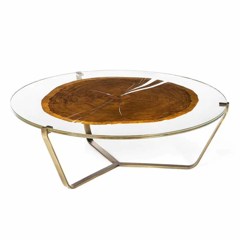 Table basse avec plateau rond en verre et bois Made in Italy - Baviera Viadurini