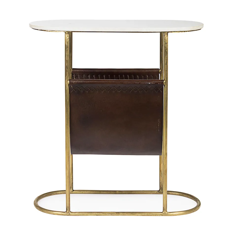 Table basse en acier et marbre avec porte-revues en cuir - Aretone Viadurini