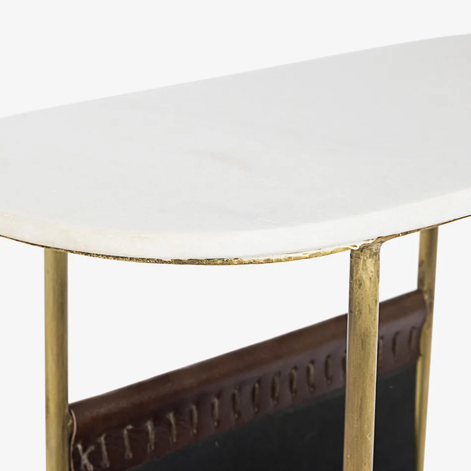 Table basse en acier et marbre avec porte-revues en cuir - Aretone Viadurini