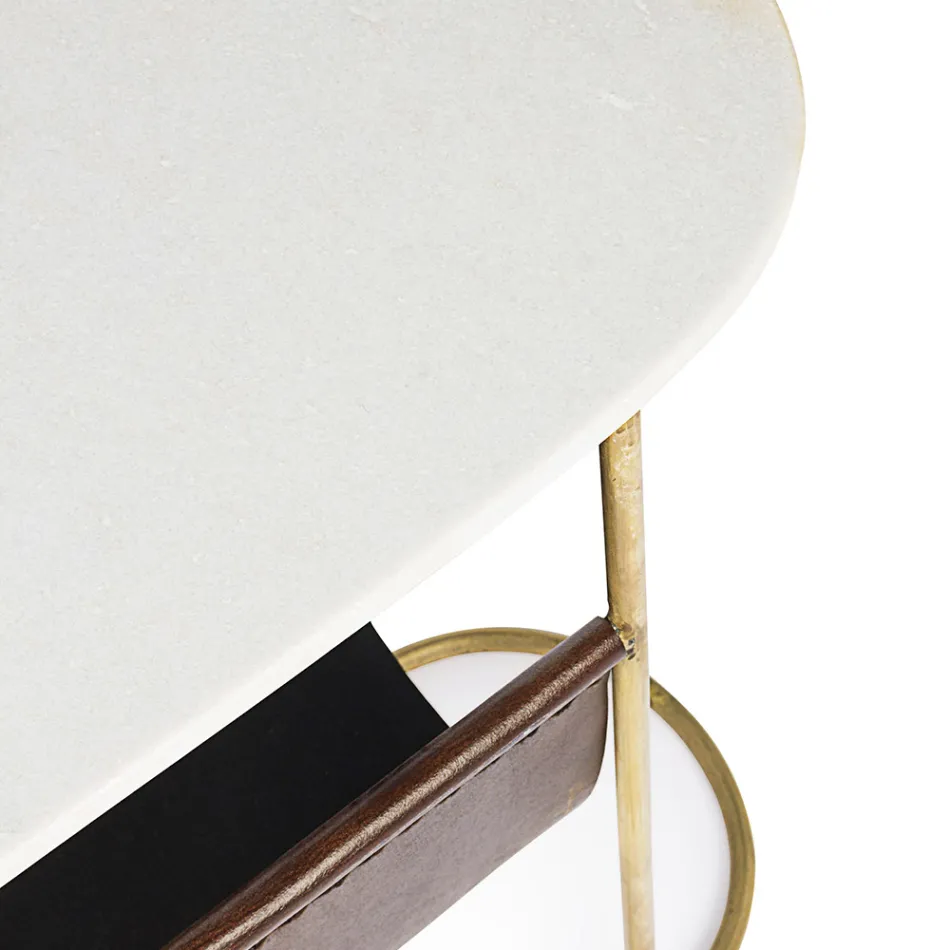 Table basse en acier et marbre avec porte-revues en cuir - Aretone Viadurini