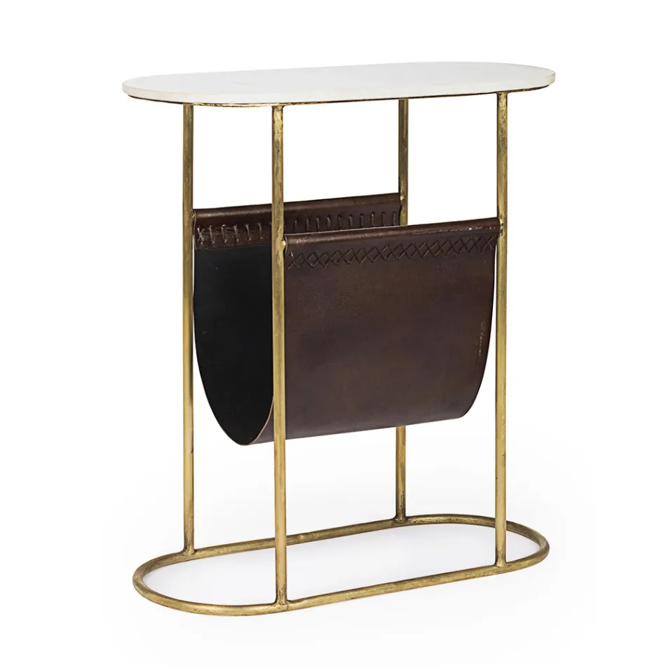 Table basse en acier et marbre avec porte-revues en cuir - Aretone Viadurini