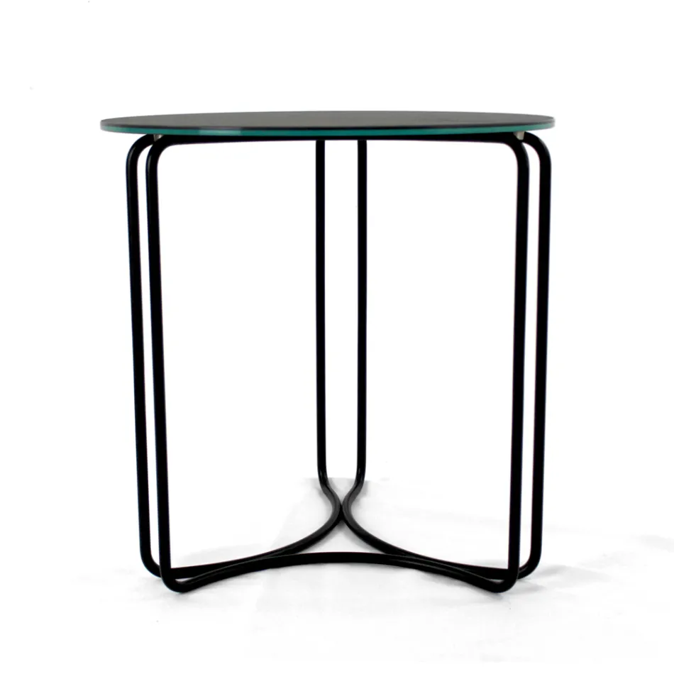 Table basse en grès rond et base à 3 croissants fabriquée en Italie - Arepa Viadurini