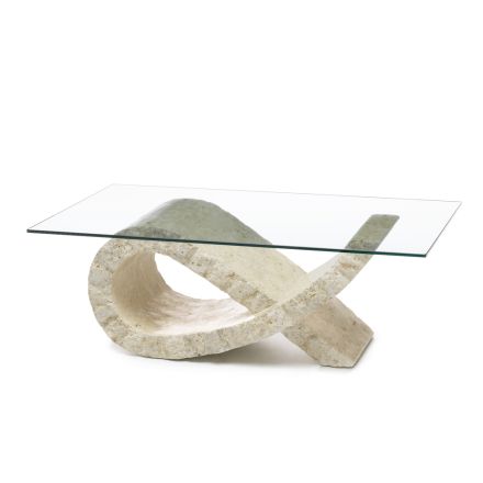 Table basse en pierre fossile avec plateau en verre transparent - Kansas Viadurini
