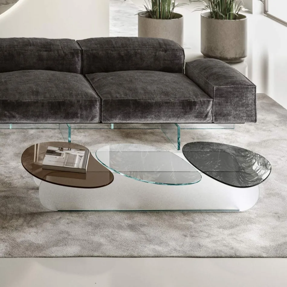Table Basse en Verre avec 3 Plateaux de Formes Colorés - Dapy Viadurini