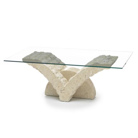 Table Basse Rectangulaire avec Base en Pierre Fossile Blanche - Gardenia Viadurini