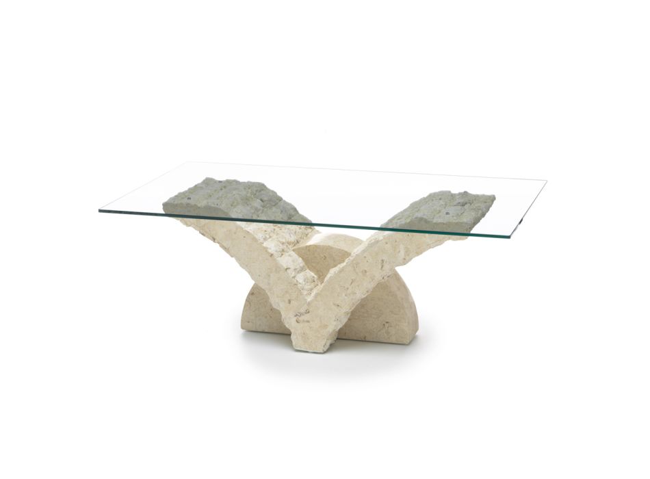 Table Basse Rectangulaire avec Base en Pierre Fossile Blanche - Gardenia Viadurini