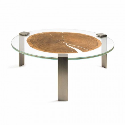 Table basse basse salon rond avec verre et plancher de bois Buck Viadurini