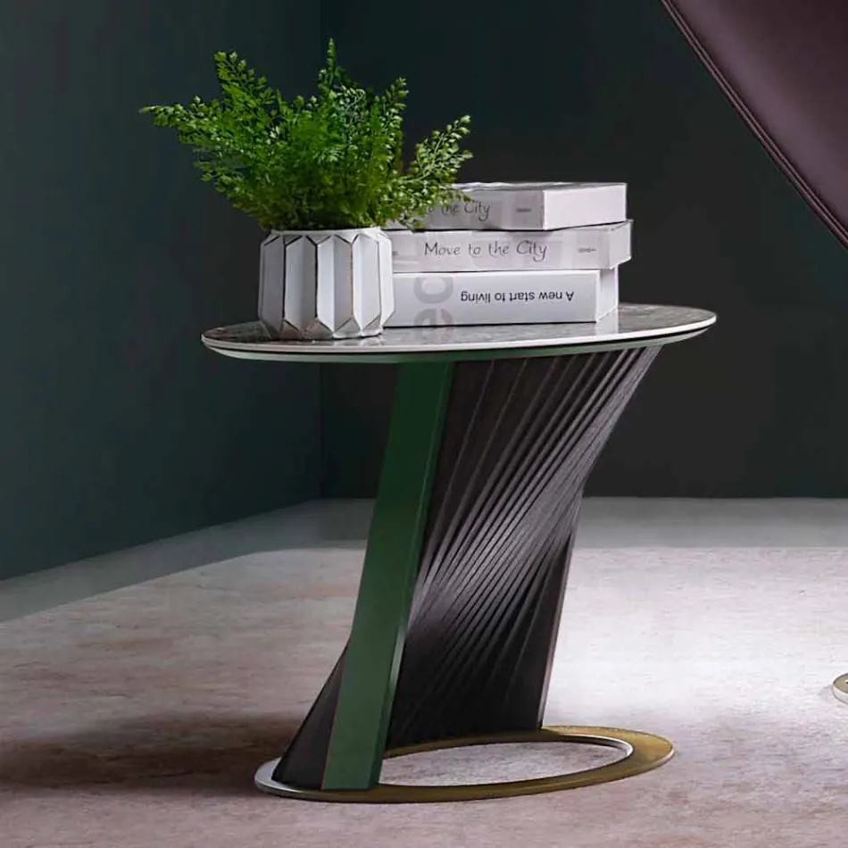 Table basse design ronde en grès et frêne Made in Italy - Bering Viadurini