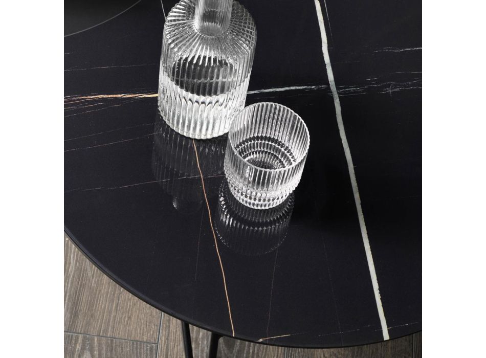 Table basse ronde en métal et plateau en verre effet marbre - Magali Viadurini