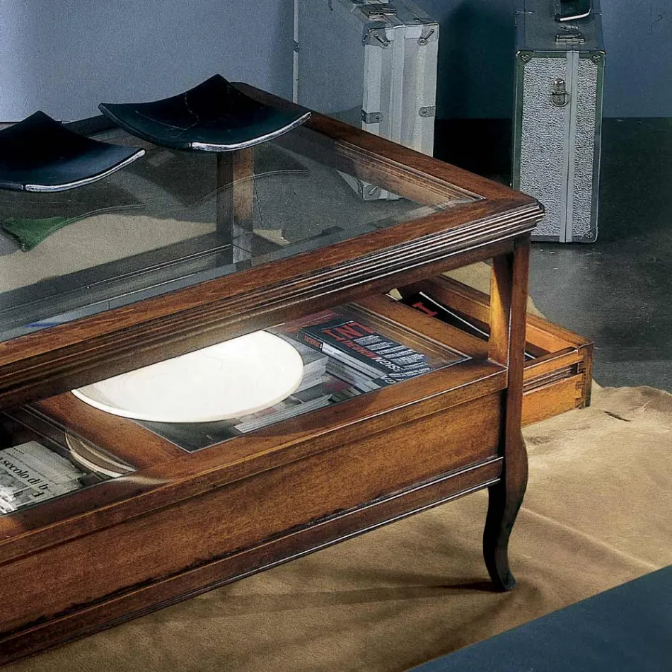 Table basse de salon avec plateau en verre et 2 tiroirs Made in Italy - Xipe Viadurini