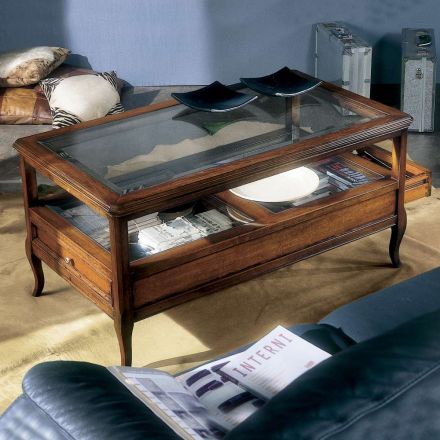 Table basse de salon avec plateau en verre et 2 tiroirs Made in Italy - Xipe Viadurini