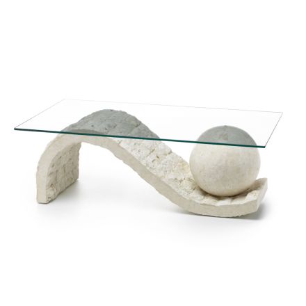 Table basse de salon plateau en verre avec base en pierre fossile - Sphère Viadurini