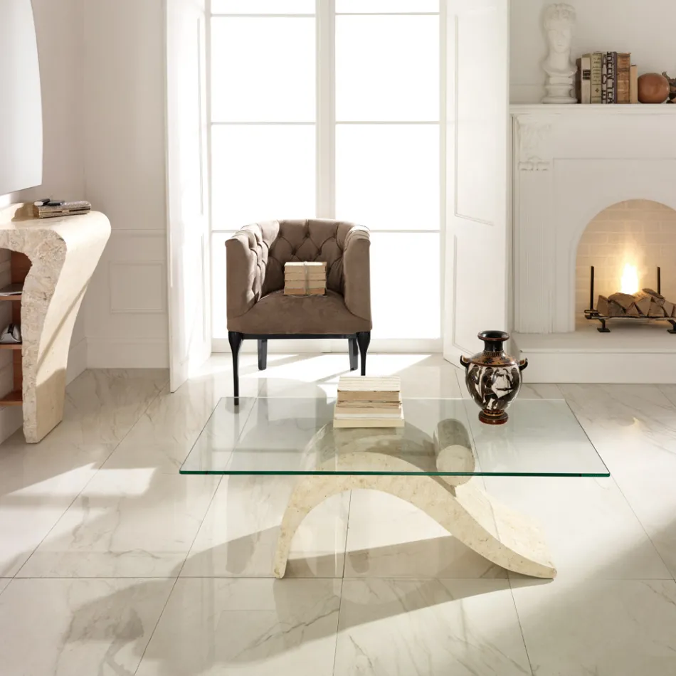 Table basse au design moderne avec plateau en verre et base en pierre fossile - Recharge Viadurini