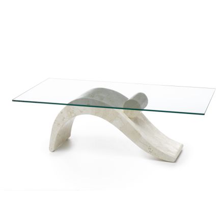 Table basse au design moderne avec plateau en verre et base en pierre fossile - Recharge Viadurini