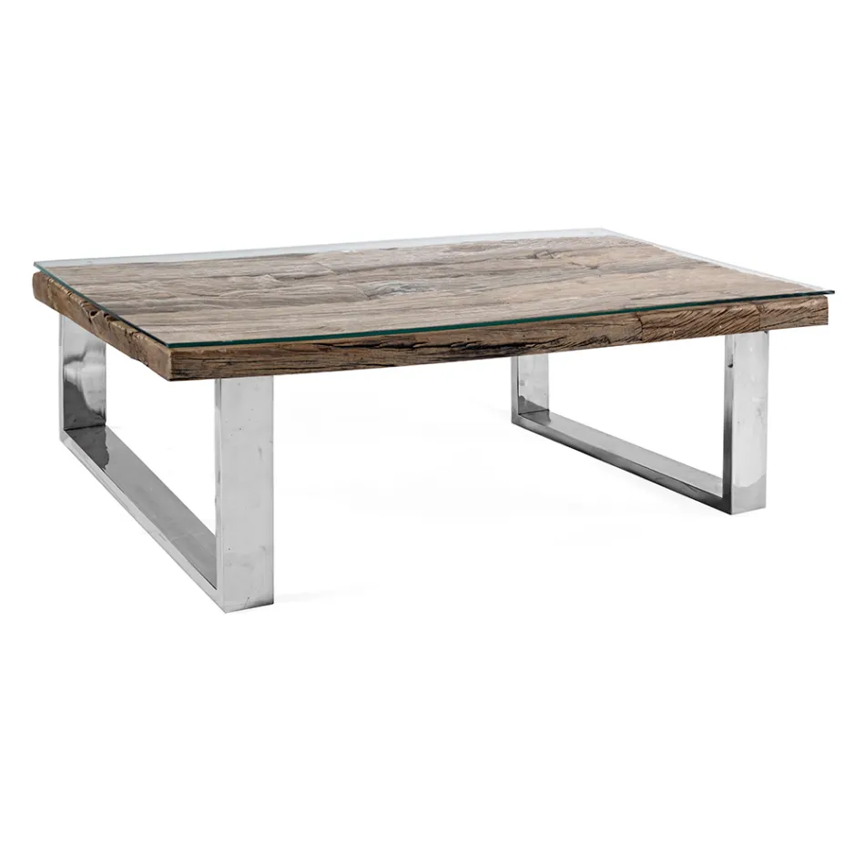 Table basse en bois recyclé et pieds en verre en acier Homemotion - Gnomea Viadurini