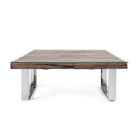 Table basse en bois recyclé et pieds en verre en acier Homemotion - Gnomea Viadurini