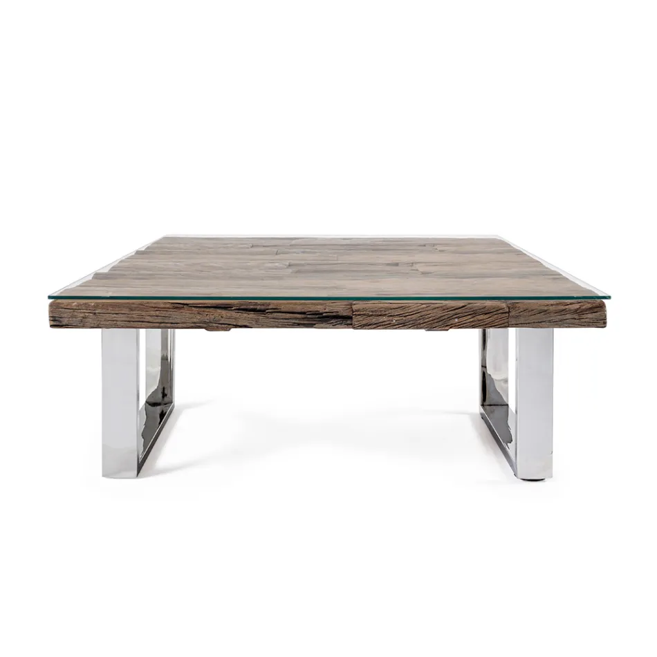 Table basse en bois recyclé et pieds en verre en acier Homemotion - Gnomea Viadurini