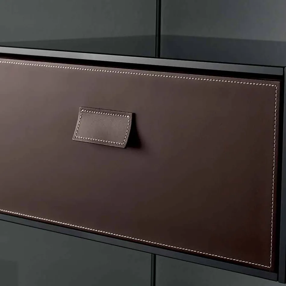 Table d'appoint de canapé ou table de chevet en verre fumé avec tiroir en cuir - Linzy Viadurini