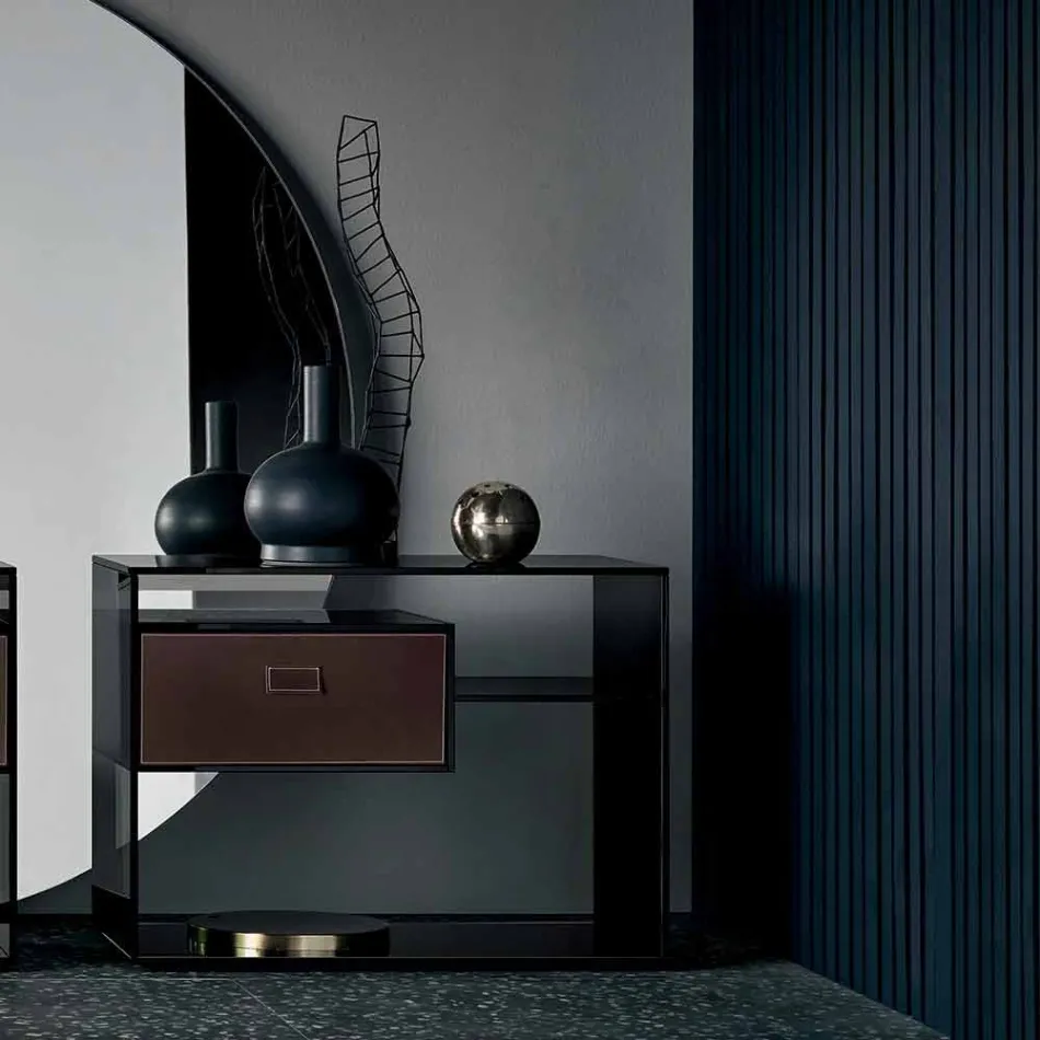 Table d'appoint de canapé ou table de chevet en verre fumé avec tiroir en cuir - Linzy Viadurini