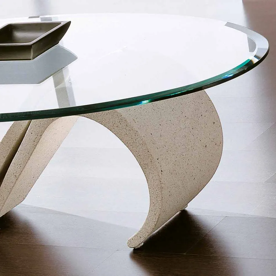 Table basse ovale en verre biseauté et marbre synthétique Made in Italy - Barbera Viadurini