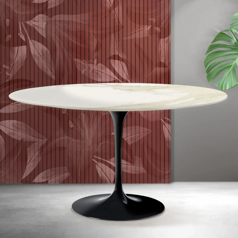 Table basse ovale Tulip de Saarinen, hauteur 41 cm, en céramique mate Florim Calacatta Gold - Écarlate Viadurini