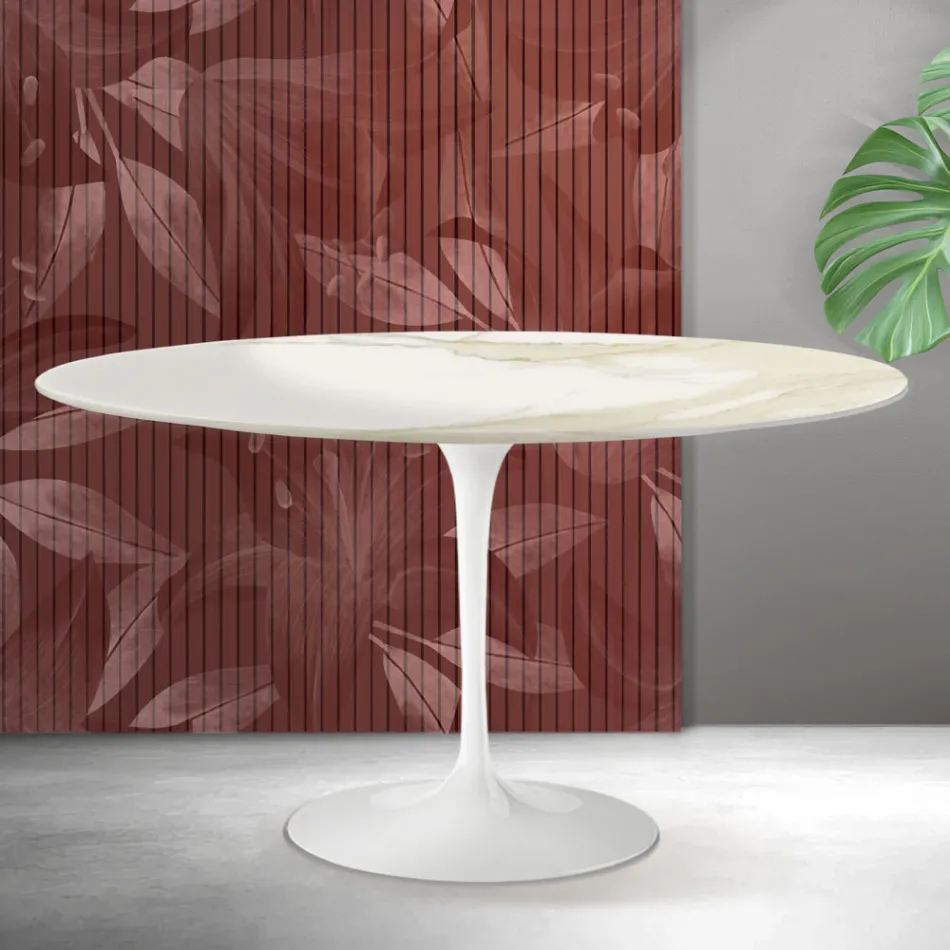 Table basse ovale Tulip de Saarinen, hauteur 41 cm, en céramique mate Florim Calacatta Gold - Écarlate Viadurini