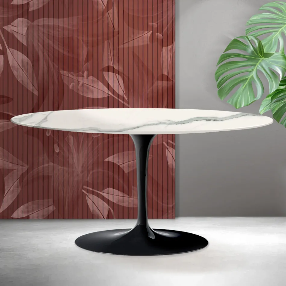Table basse ovale Tulip de Saarinen, hauteur 41 cm, en céramique mate Florim Statuario - Écarlate Viadurini