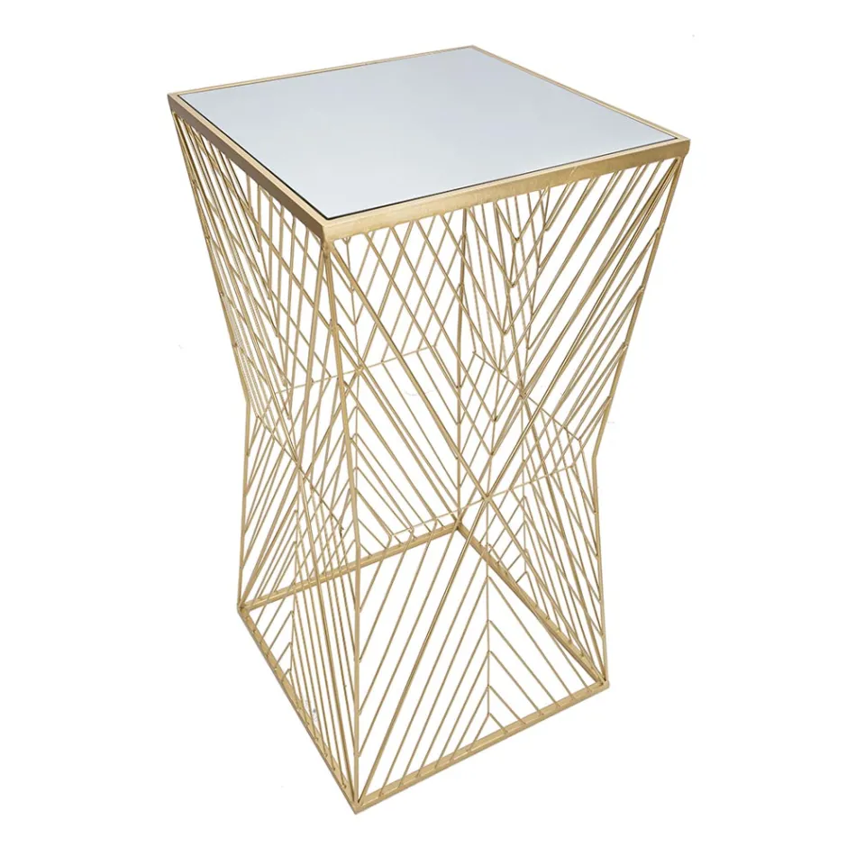 Table téléphone en fer doré et plateau en verre miroir - Olivia Viadurini