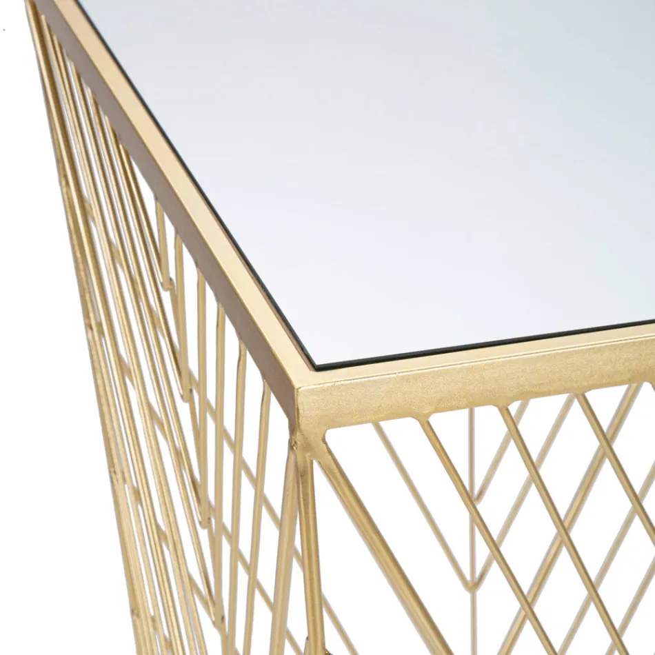 Table téléphone en fer doré et plateau en verre miroir - Olivia Viadurini