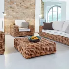 Table basse-Pouf de jardin en rotin naturel avec coussin inclus - Keira Viadurini