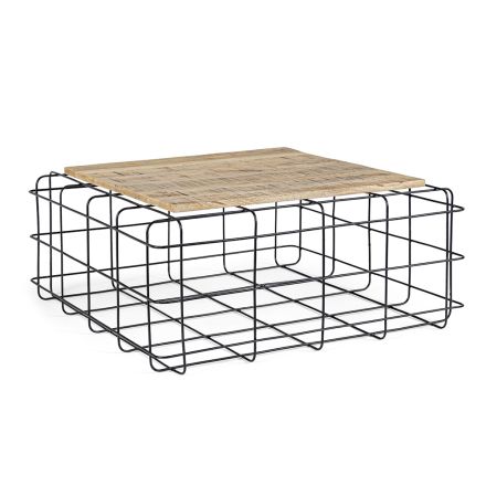 Table basse carrée industrielle en acier et bois de manguier - Carioca Viadurini
