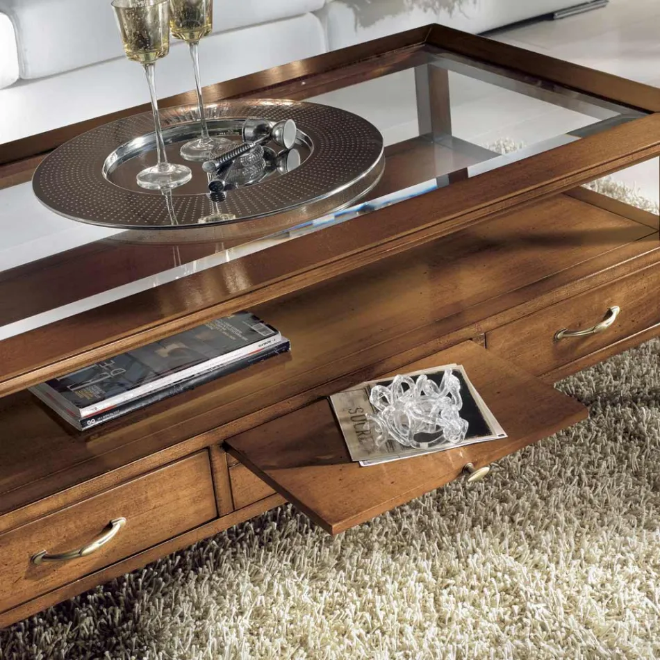 Table basse rectangulaire avec 4 tiroirs et 2 poignées en bois Made in Italy - Ade Viadurini
