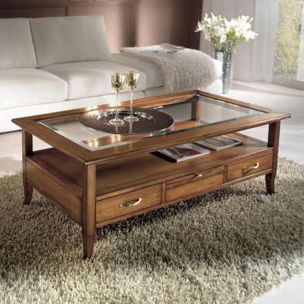 Table basse rectangulaire avec 4 tiroirs et 2 poignées en bois Made in Italy - Ade Viadurini
