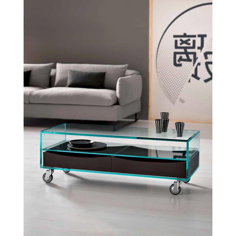 Table basse rectangulaire en verre extralight avec tiroirs Made in Italy - Ganzo Viadurini