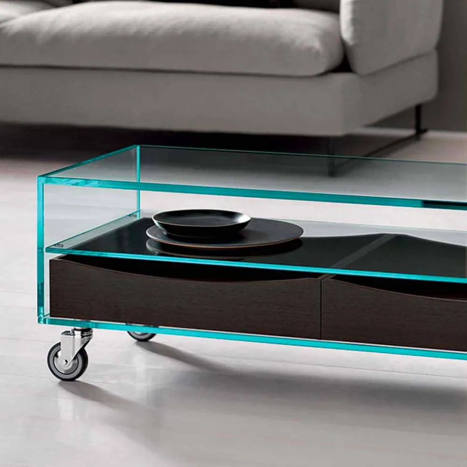 Table basse rectangulaire en verre extralight avec tiroirs Made in Italy - Ganzo Viadurini