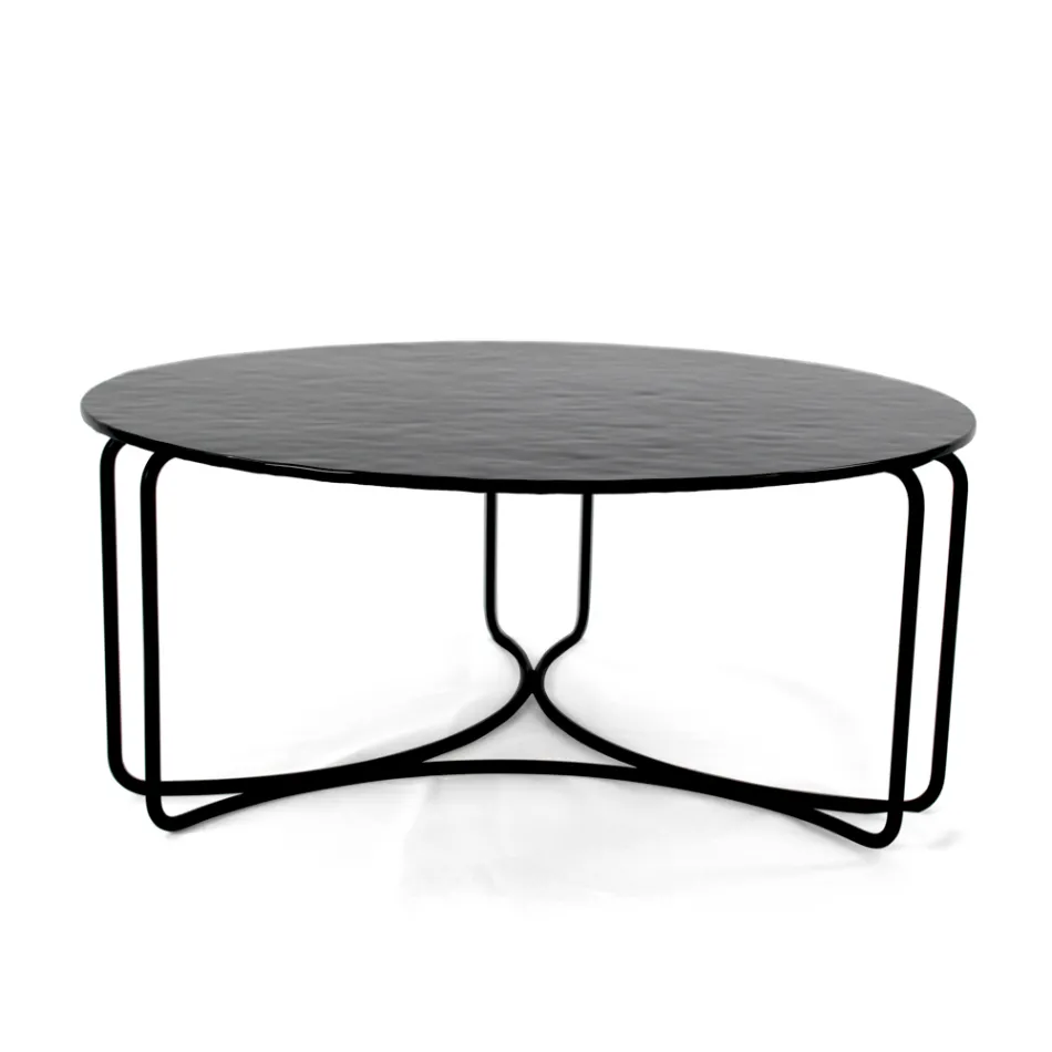 Table basse ronde en verre avec base à 3 croissants Made in Italy - Arepa Viadurini