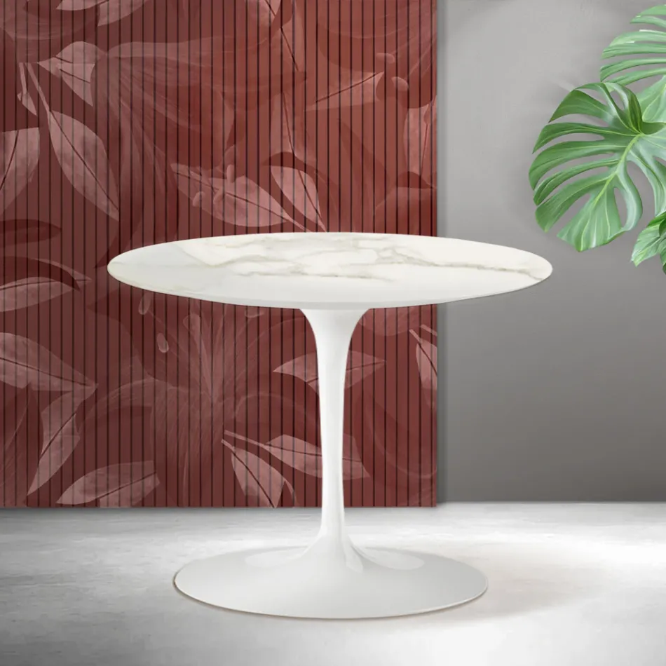 Table basse ronde Tulip de Saarinen, hauteur 41 cm, en céramique mate Florim Calacatta Gold - Écarlate Viadurini