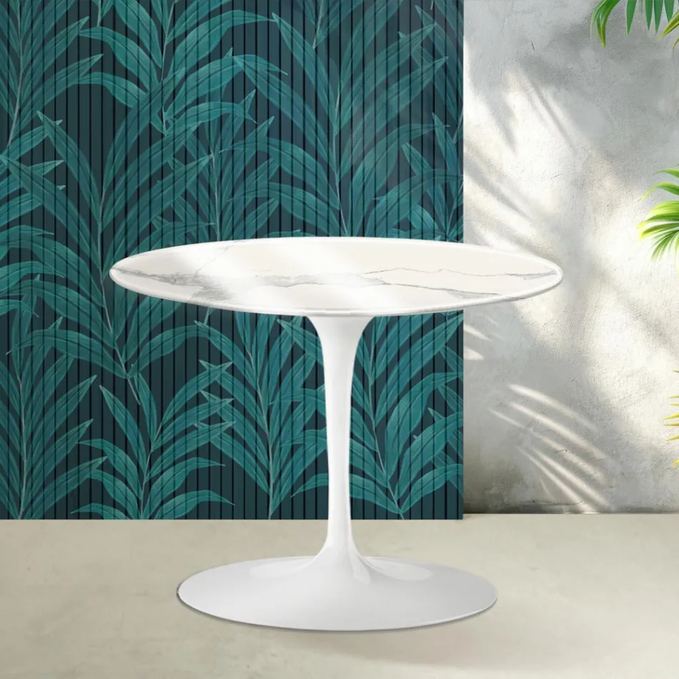 Table basse ronde Saarinen Tulip, hauteur 41 cm, en céramique brillante Statuario Florim - Écarlate Viadurini