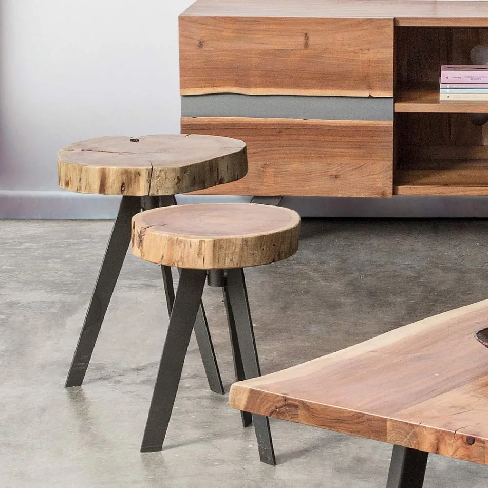 Table basse ronde en tronc de bois et acier Homemotion - Tancredi Viadurini