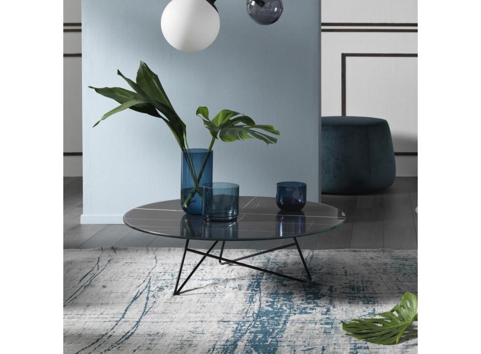 Table basse de salon ronde en métal et verre effet marbre de luxe - Magali Viadurini